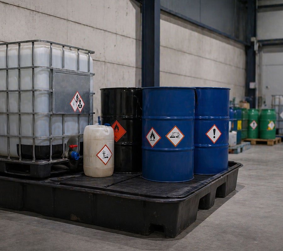 Barriles metálicos con restos de líquidos industriales almacenados para su gestión ambiental